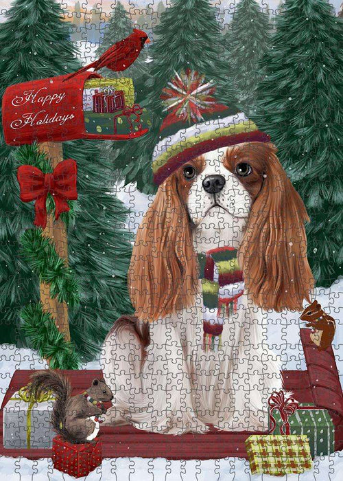 Merry Christmas Woodland Sled Cavalier King Charles Spaniel Dog Puzzle with Photo Tin PUZL87624