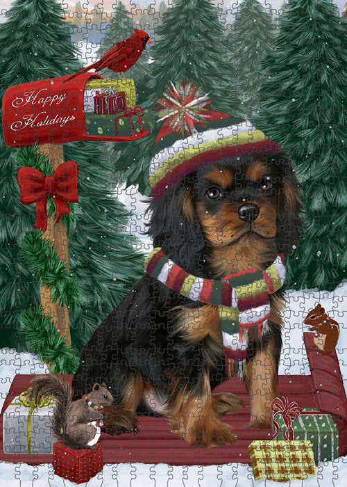 Merry Christmas Woodland Sled Cavalier King Charles Spaniel Dog Puzzle with Photo Tin PUZL87636