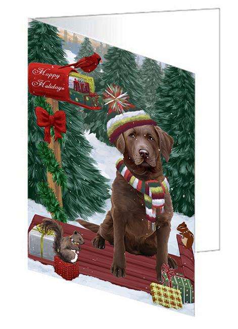 Merry Christmas Woodland Sled Chesapeake Bay Retriever Dog Handmade Artwork Assorted Pets Greeting Cards and Note Cards with Envelopes for All Occasions and Holiday Seasons GCD69188