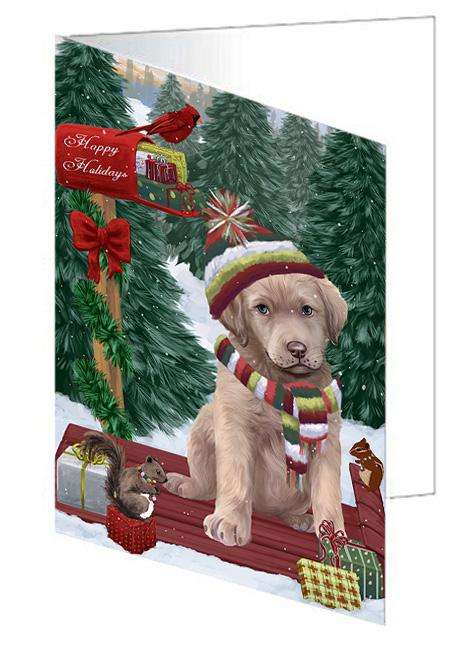 Merry Christmas Woodland Sled Chesapeake Bay Retriever Dog Handmade Artwork Assorted Pets Greeting Cards and Note Cards with Envelopes for All Occasions and Holiday Seasons GCD69191