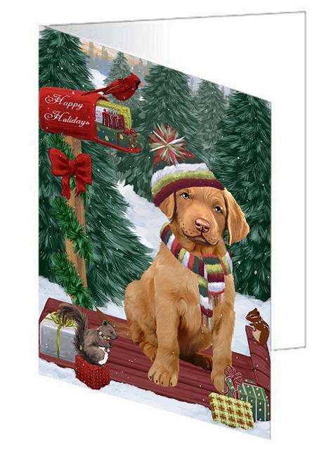 Merry Christmas Woodland Sled Chesapeake Bay Retriever Dog Handmade Artwork Assorted Pets Greeting Cards and Note Cards with Envelopes for All Occasions and Holiday Seasons GCD69194