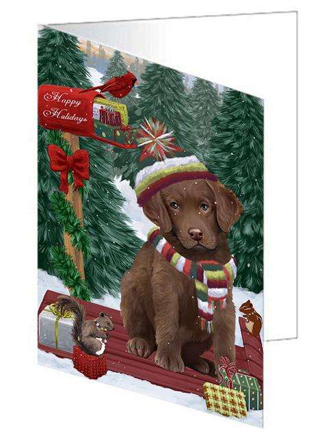 Merry Christmas Woodland Sled Chesapeake Bay Retriever Dog Handmade Artwork Assorted Pets Greeting Cards and Note Cards with Envelopes for All Occasions and Holiday Seasons GCD69197