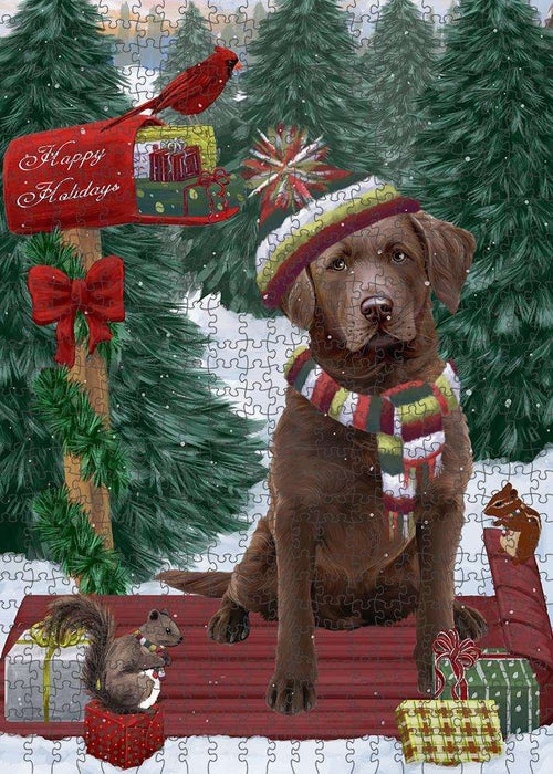 Merry Christmas Woodland Sled Chesapeake Bay Retriever Dog Puzzle with Photo Tin PUZL87644