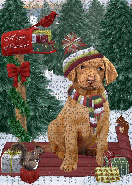 Merry Christmas Woodland Sled Chesapeake Bay Retriever Dog Puzzle with Photo Tin PUZL87652