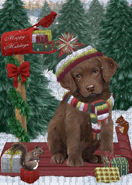 Merry Christmas Woodland Sled Chesapeake Bay Retriever Dog Puzzle with Photo Tin PUZL87656