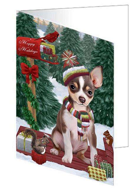 Merry Christmas Woodland Sled Chihuahua Dog Handmade Artwork Assorted Pets Greeting Cards and Note Cards with Envelopes for All Occasions and Holiday Seasons GCD69200