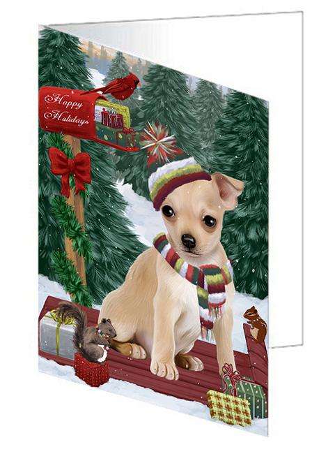 Merry Christmas Woodland Sled Chihuahua Dog Handmade Artwork Assorted Pets Greeting Cards and Note Cards with Envelopes for All Occasions and Holiday Seasons GCD69203