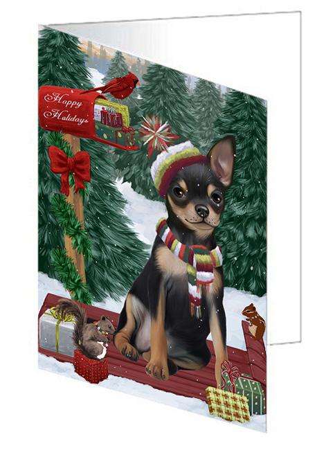 Merry Christmas Woodland Sled Chihuahua Dog Handmade Artwork Assorted Pets Greeting Cards and Note Cards with Envelopes for All Occasions and Holiday Seasons GCD69206