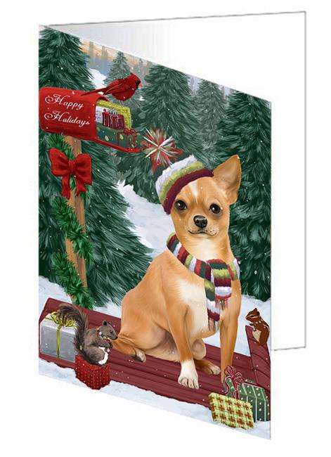 Merry Christmas Woodland Sled Chihuahua Dog Handmade Artwork Assorted Pets Greeting Cards and Note Cards with Envelopes for All Occasions and Holiday Seasons GCD69209
