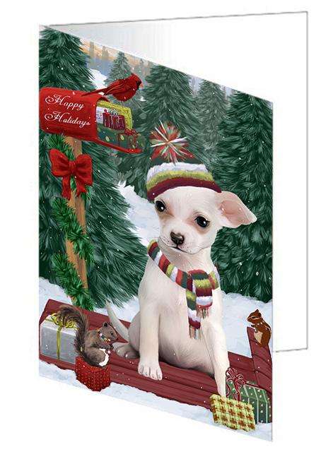 Merry Christmas Woodland Sled Chihuahua Dog Handmade Artwork Assorted Pets Greeting Cards and Note Cards with Envelopes for All Occasions and Holiday Seasons GCD69212