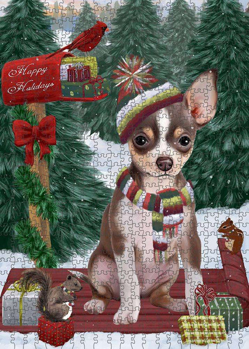 Merry Christmas Woodland Sled Chihuahua Dog Puzzle with Photo Tin PUZL87660