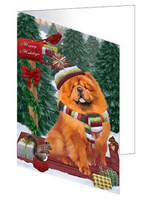 Merry Christmas Woodland Sled Chow Chow Dog Handmade Artwork Assorted Pets Greeting Cards and Note Cards with Envelopes for All Occasions and Holiday Seasons GCD69215