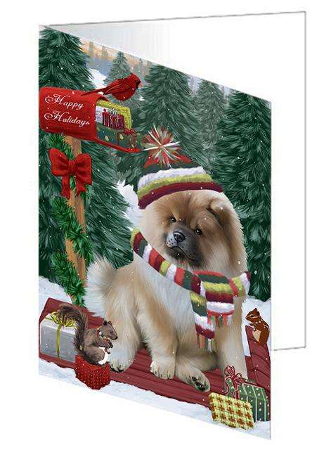 Merry Christmas Woodland Sled Chow Chow Dog Handmade Artwork Assorted Pets Greeting Cards and Note Cards with Envelopes for All Occasions and Holiday Seasons GCD69218