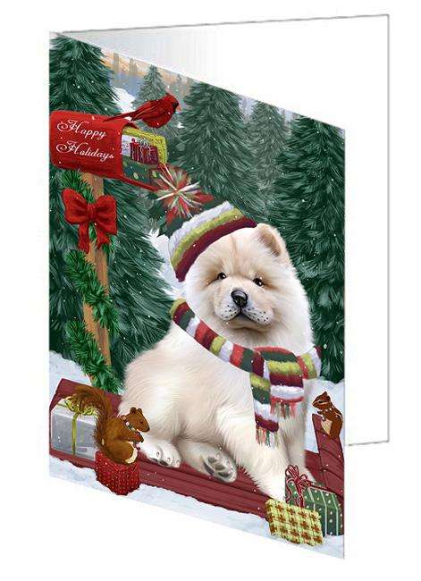 Merry Christmas Woodland Sled Chow Chow Dog Handmade Artwork Assorted Pets Greeting Cards and Note Cards with Envelopes for All Occasions and Holiday Seasons GCD69227