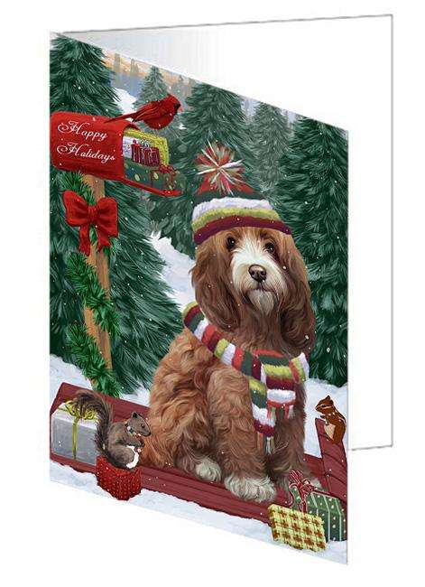 Merry Christmas Woodland Sled Cockapoo Dog Handmade Artwork Assorted Pets Greeting Cards and Note Cards with Envelopes for All Occasions and Holiday Seasons GCD69230