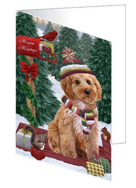 Merry Christmas Woodland Sled Cockapoo Dog Handmade Artwork Assorted Pets Greeting Cards and Note Cards with Envelopes for All Occasions and Holiday Seasons GCD69233