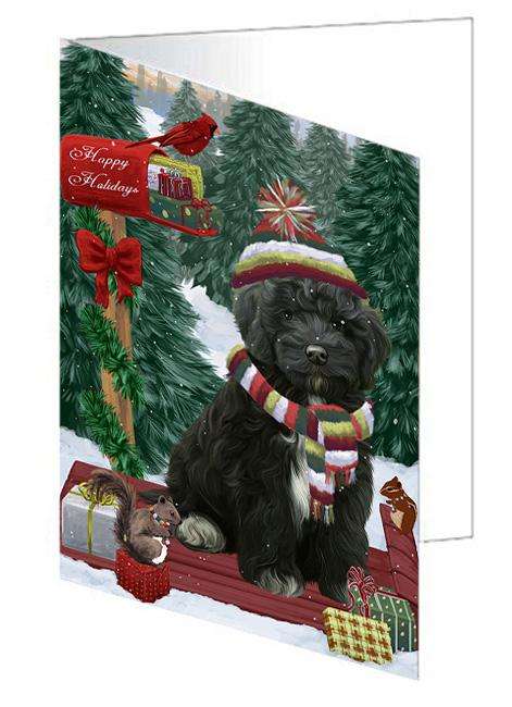 Merry Christmas Woodland Sled Cockapoo Dog Handmade Artwork Assorted Pets Greeting Cards and Note Cards with Envelopes for All Occasions and Holiday Seasons GCD69236