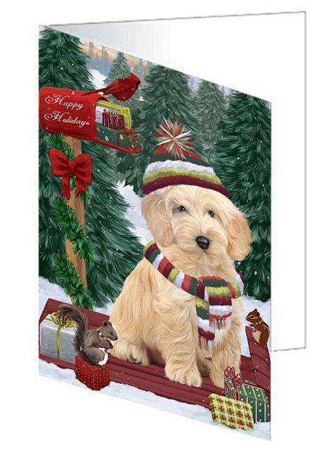 Merry Christmas Woodland Sled Cockapoo Dog Handmade Artwork Assorted Pets Greeting Cards and Note Cards with Envelopes for All Occasions and Holiday Seasons GCD69239