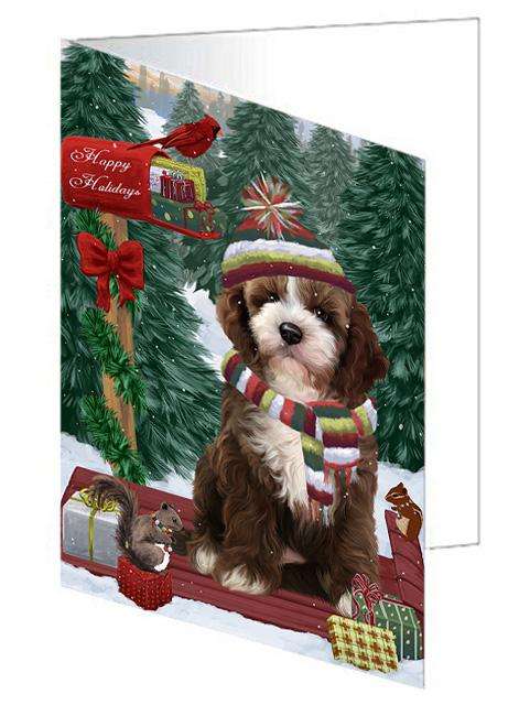 Merry Christmas Woodland Sled Cockapoo Dog Handmade Artwork Assorted Pets Greeting Cards and Note Cards with Envelopes for All Occasions and Holiday Seasons GCD69242