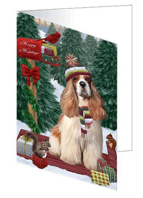 Merry Christmas Woodland Sled Cocker Spaniel Dog Handmade Artwork Assorted Pets Greeting Cards and Note Cards with Envelopes for All Occasions and Holiday Seasons GCD69245
