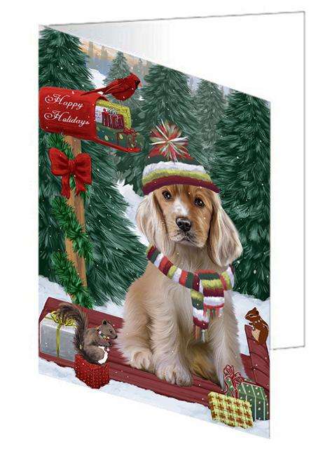 Merry Christmas Woodland Sled Cocker Spaniel Dog Handmade Artwork Assorted Pets Greeting Cards and Note Cards with Envelopes for All Occasions and Holiday Seasons GCD69248
