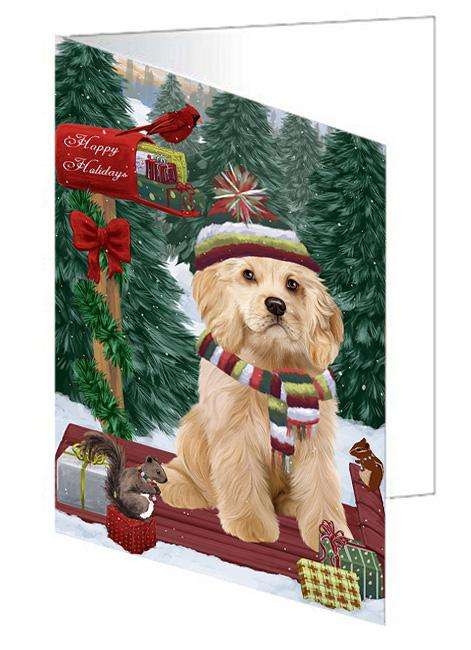 Merry Christmas Woodland Sled Cocker Spaniel Dog Handmade Artwork Assorted Pets Greeting Cards and Note Cards with Envelopes for All Occasions and Holiday Seasons GCD69251