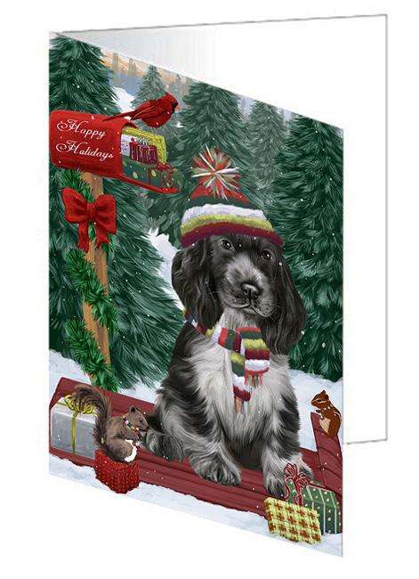Merry Christmas Woodland Sled Cocker Spaniel Dog Handmade Artwork Assorted Pets Greeting Cards and Note Cards with Envelopes for All Occasions and Holiday Seasons GCD69257