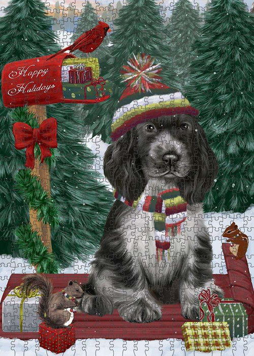 Merry Christmas Woodland Sled Cocker Spaniel Dog Puzzle with Photo Tin PUZL87736