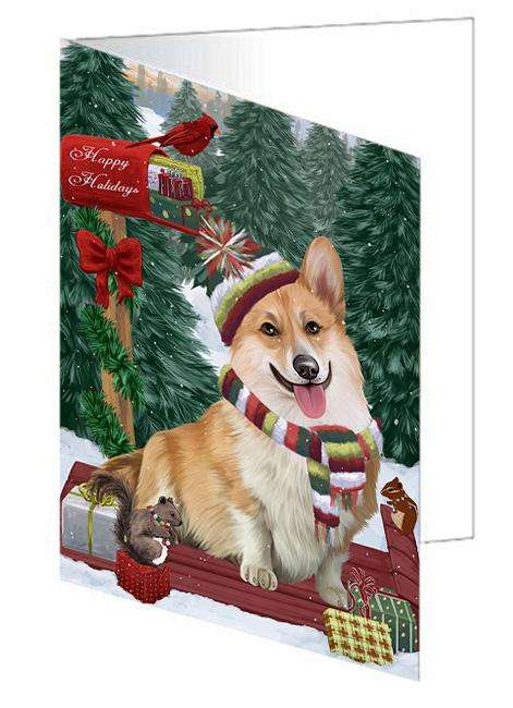 Merry Christmas Woodland Sled Corgi Dog Handmade Artwork Assorted Pets Greeting Cards and Note Cards with Envelopes for All Occasions and Holiday Seasons GCD69260