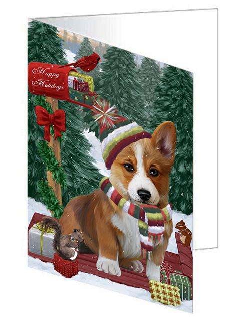 Merry Christmas Woodland Sled Corgi Dog Handmade Artwork Assorted Pets Greeting Cards and Note Cards with Envelopes for All Occasions and Holiday Seasons GCD69263