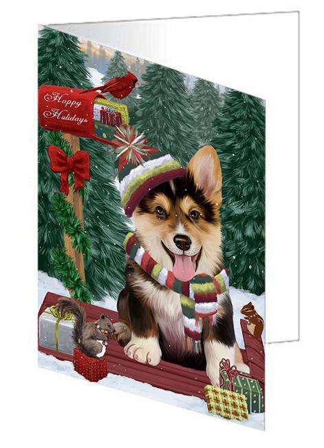 Merry Christmas Woodland Sled Corgi Dog Handmade Artwork Assorted Pets Greeting Cards and Note Cards with Envelopes for All Occasions and Holiday Seasons GCD69269