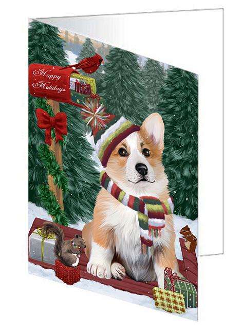 Merry Christmas Woodland Sled Corgi Dog Handmade Artwork Assorted Pets Greeting Cards and Note Cards with Envelopes for All Occasions and Holiday Seasons GCD69272