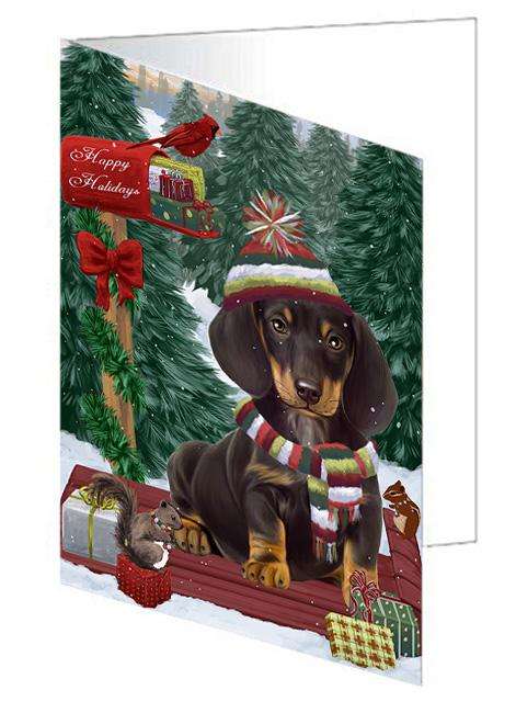 Merry Christmas Woodland Sled Dachshund Dog Handmade Artwork Assorted Pets Greeting Cards and Note Cards with Envelopes for All Occasions and Holiday Seasons GCD69275