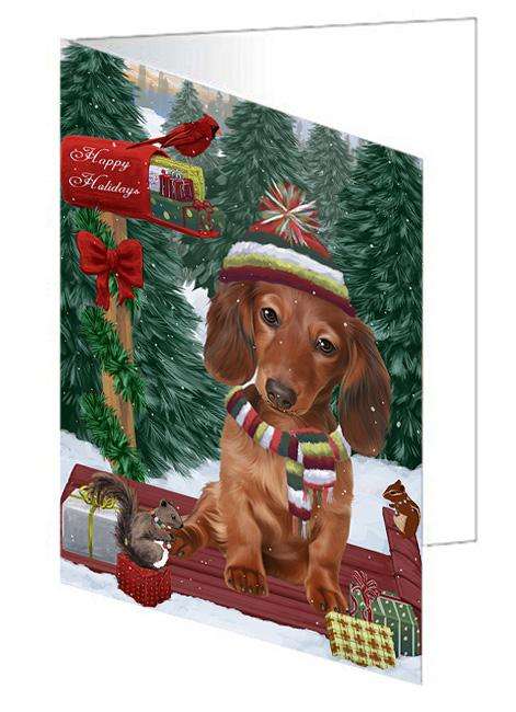 Merry Christmas Woodland Sled Dachshund Dog Handmade Artwork Assorted Pets Greeting Cards and Note Cards with Envelopes for All Occasions and Holiday Seasons GCD69278