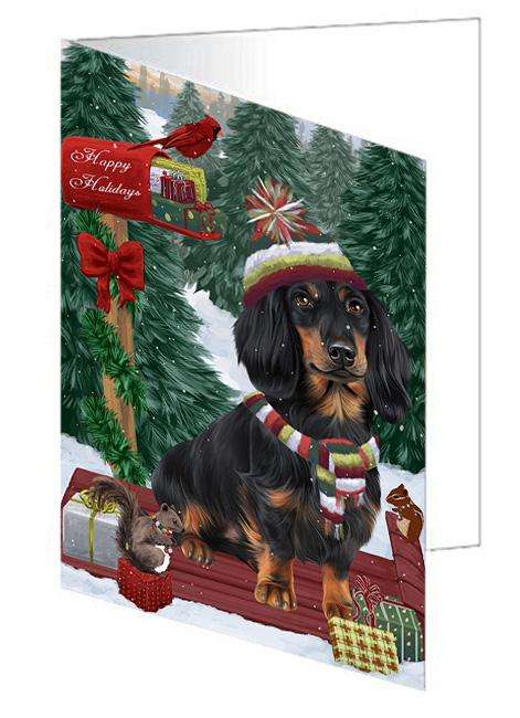 Merry Christmas Woodland Sled Dachshund Dog Handmade Artwork Assorted Pets Greeting Cards and Note Cards with Envelopes for All Occasions and Holiday Seasons GCD69281