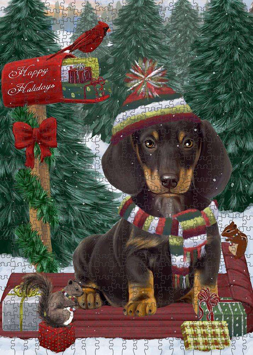 Merry Christmas Woodland Sled Dachshund Dog Puzzle with Photo Tin PUZL87760