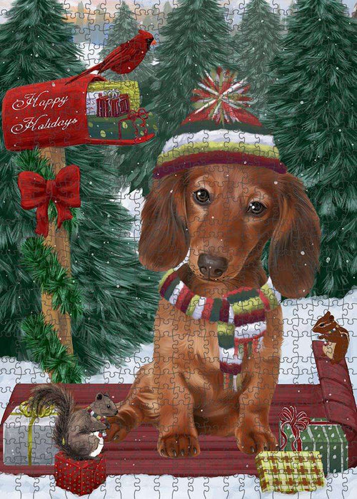 Merry Christmas Woodland Sled Dachshund Dog Puzzle with Photo Tin PUZL87764