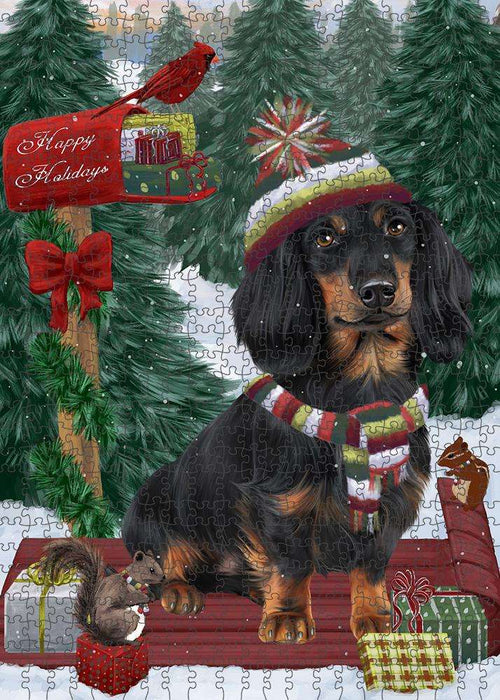 Merry Christmas Woodland Sled Dachshund Dog Puzzle with Photo Tin PUZL87768
