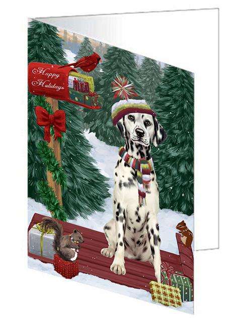Merry Christmas Woodland Sled Dalmatian Dog Handmade Artwork Assorted Pets Greeting Cards and Note Cards with Envelopes for All Occasions and Holiday Seasons GCD69284