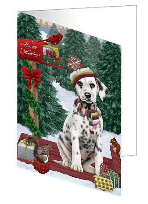 Merry Christmas Woodland Sled Dalmatian Dog Handmade Artwork Assorted Pets Greeting Cards and Note Cards with Envelopes for All Occasions and Holiday Seasons GCD69287