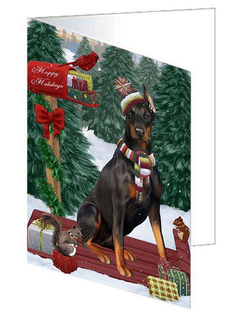 Merry Christmas Woodland Sled Doberman Pinscher Dog Handmade Artwork Assorted Pets Greeting Cards and Note Cards with Envelopes for All Occasions and Holiday Seasons GCD69290