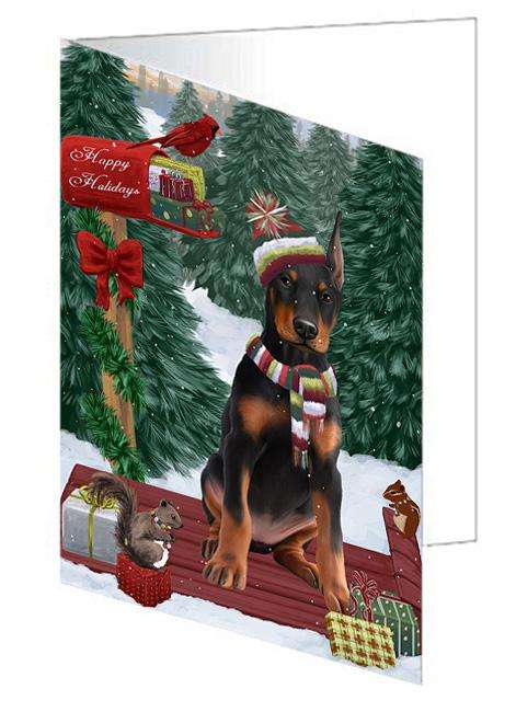 Merry Christmas Woodland Sled Doberman Pinscher Dog Handmade Artwork Assorted Pets Greeting Cards and Note Cards with Envelopes for All Occasions and Holiday Seasons GCD69293