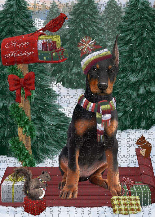 Merry Christmas Woodland Sled Doberman Pinscher Dog Puzzle with Photo Tin PUZL87784