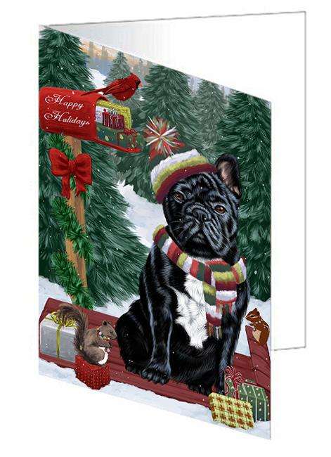 Merry Christmas Woodland Sled French Bulldog Handmade Artwork Assorted Pets Greeting Cards and Note Cards with Envelopes for All Occasions and Holiday Seasons GCD69296