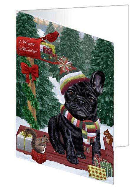 Merry Christmas Woodland Sled French Bulldog Handmade Artwork Assorted Pets Greeting Cards and Note Cards with Envelopes for All Occasions and Holiday Seasons GCD69299