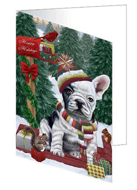 Merry Christmas Woodland Sled French Bulldog Handmade Artwork Assorted Pets Greeting Cards and Note Cards with Envelopes for All Occasions and Holiday Seasons GCD69302