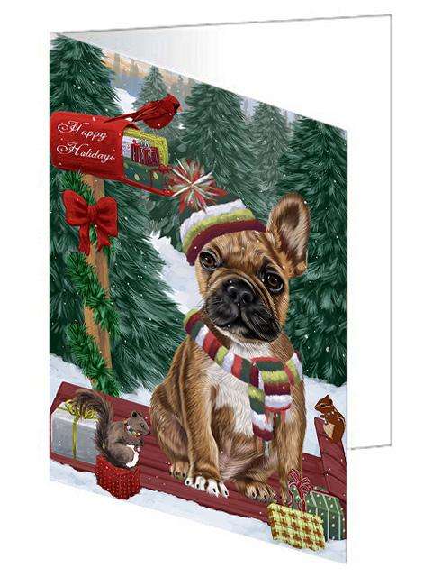 Merry Christmas Woodland Sled French Bulldog Handmade Artwork Assorted Pets Greeting Cards and Note Cards with Envelopes for All Occasions and Holiday Seasons GCD69305