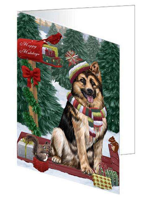 Merry Christmas Woodland Sled German Shepherd Dog Handmade Artwork Assorted Pets Greeting Cards and Note Cards with Envelopes for All Occasions and Holiday Seasons GCD69308
