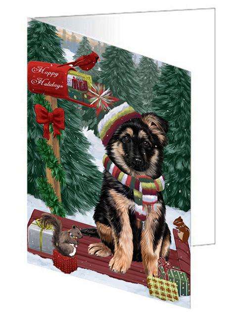 Merry Christmas Woodland Sled German Shepherd Dog Handmade Artwork Assorted Pets Greeting Cards and Note Cards with Envelopes for All Occasions and Holiday Seasons GCD69311