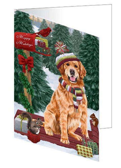 Merry Christmas Woodland Sled Golden Retriever Dog Handmade Artwork Assorted Pets Greeting Cards and Note Cards with Envelopes for All Occasions and Holiday Seasons GCD69314